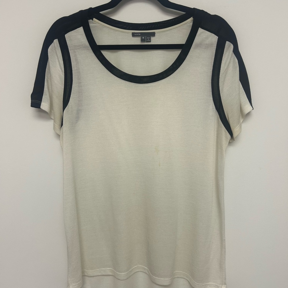 Vince Scoop Neck Pullover Short Sleeve T-shirt Cream w Black Trim Sheer Tunic M
